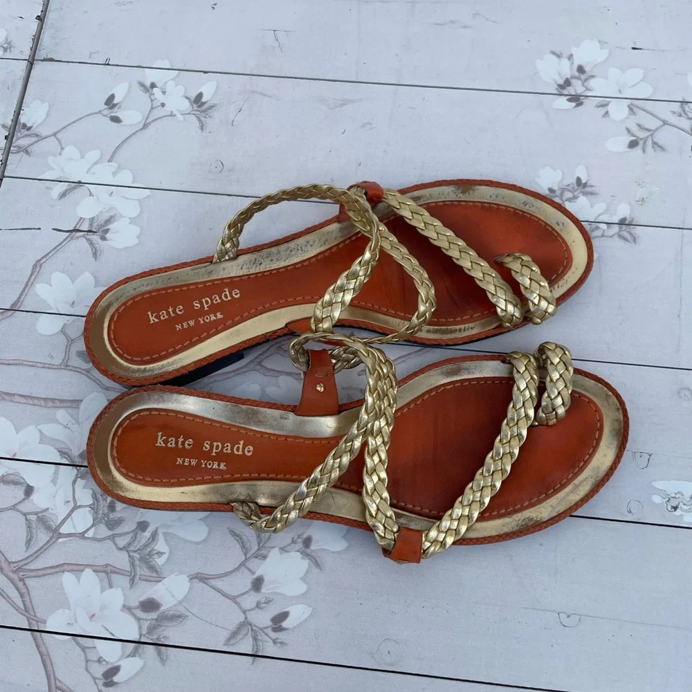 Kate Spade Idonia Tan and Gold Braided Strap Slide Sandals